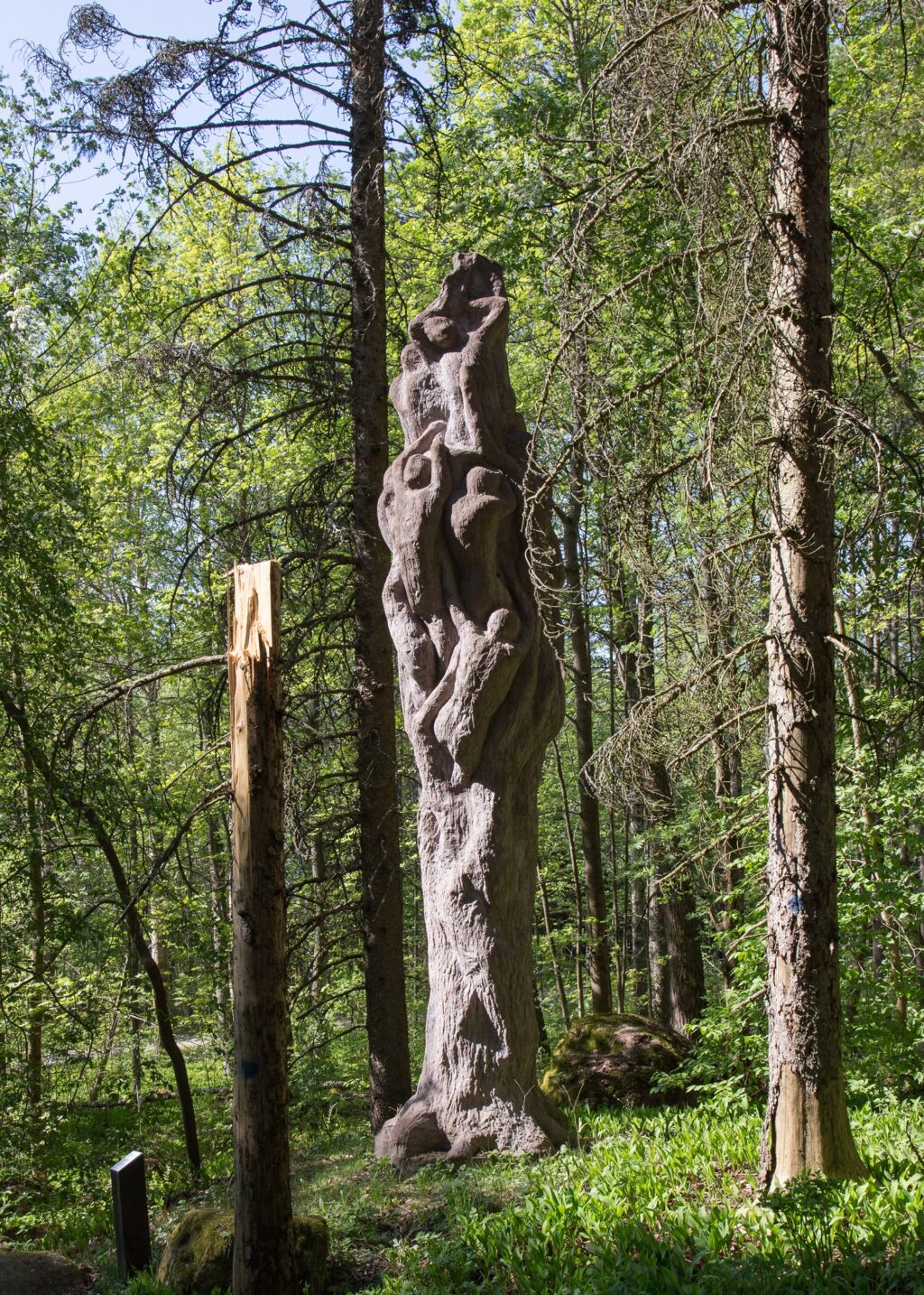 A concrete sculpture placed in the park, which depicts the trunk of a tree, which, as it rises upwards, transforms into a pillar formed by human figures circling the trunk.