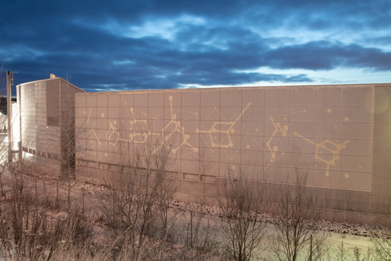 A mural on the long wall of the building, which consists of repeating geometric patterns depicting molecular structures: cubes, spheres and straight lines.